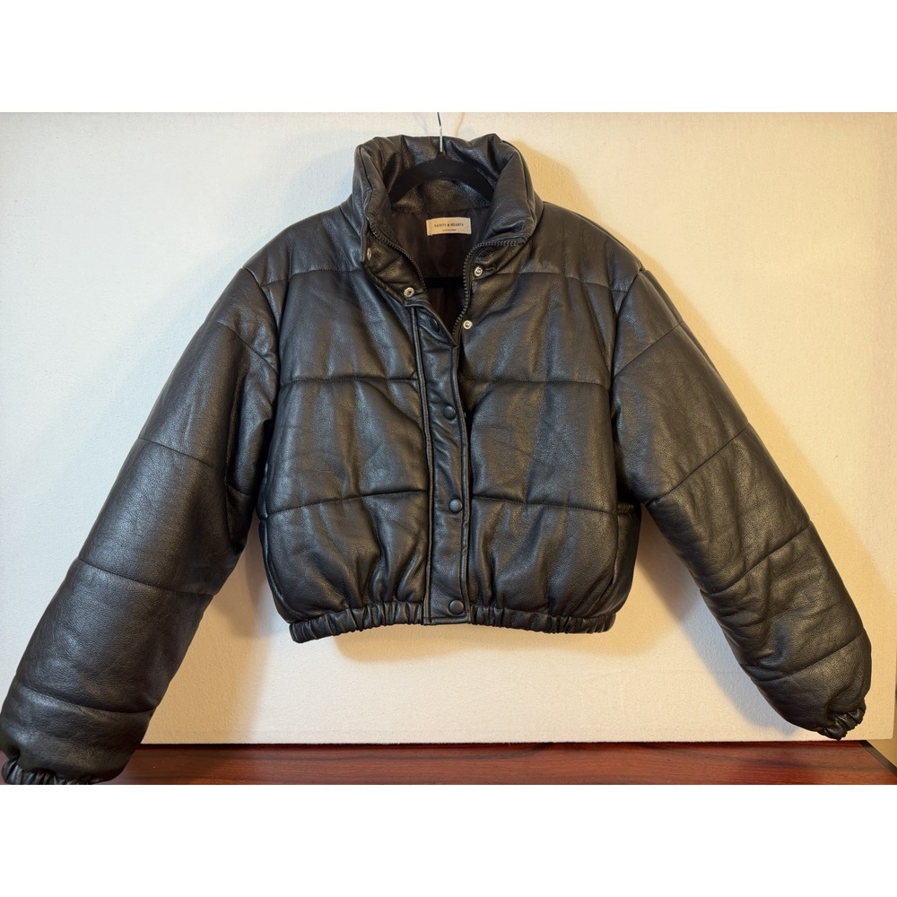 Saints & Hearts Women's Black Puffer Jacket M Full Zip Snap Stand Collar Pockets